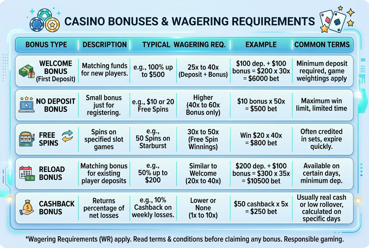 Infografika z tabelą bonusów i warunków wageringu w najlepszych kasynach online