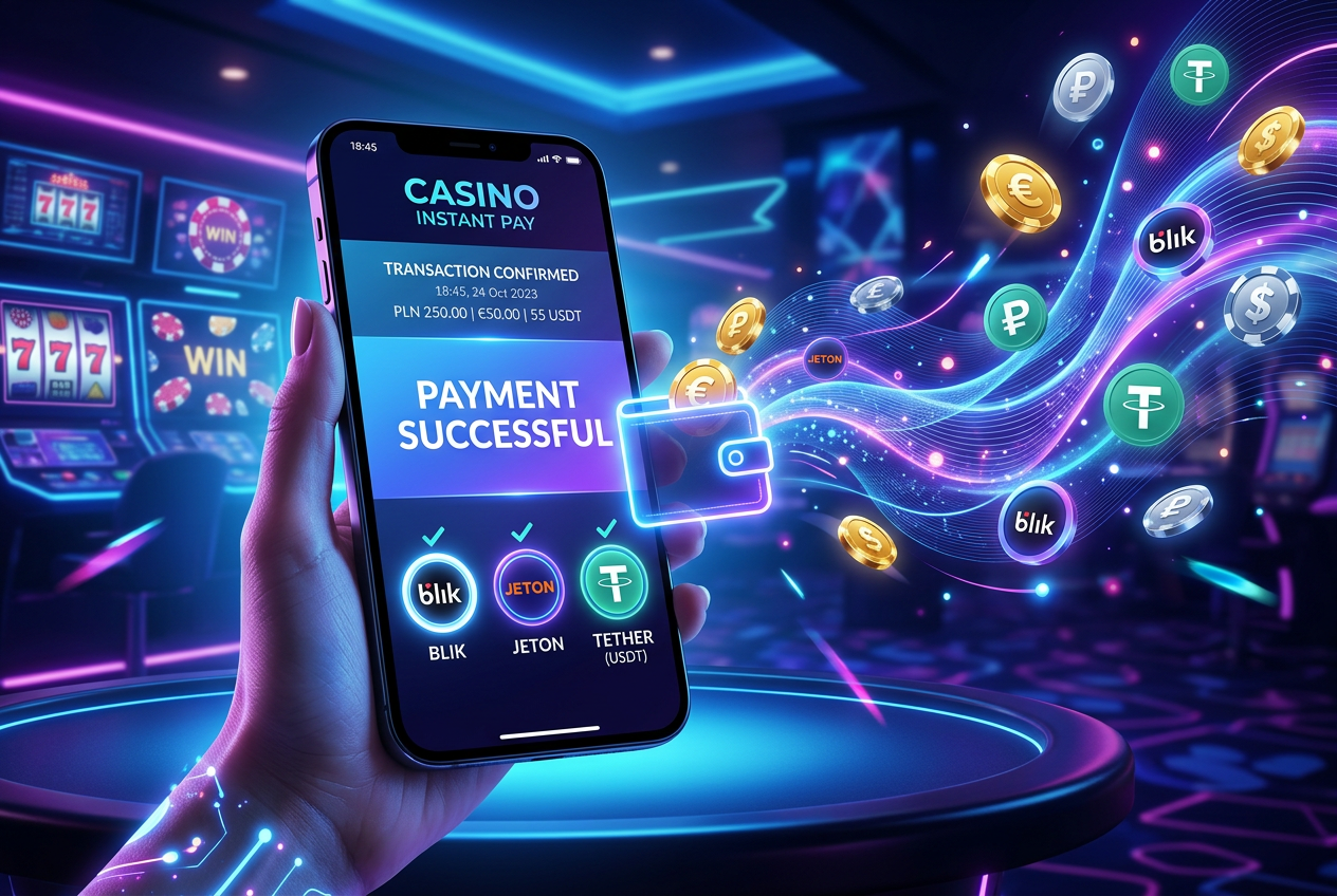 Nowoczesne metody płatności w kasynie online: smartfon z ikonami BLIK, USDT i portfeli cyfrowych