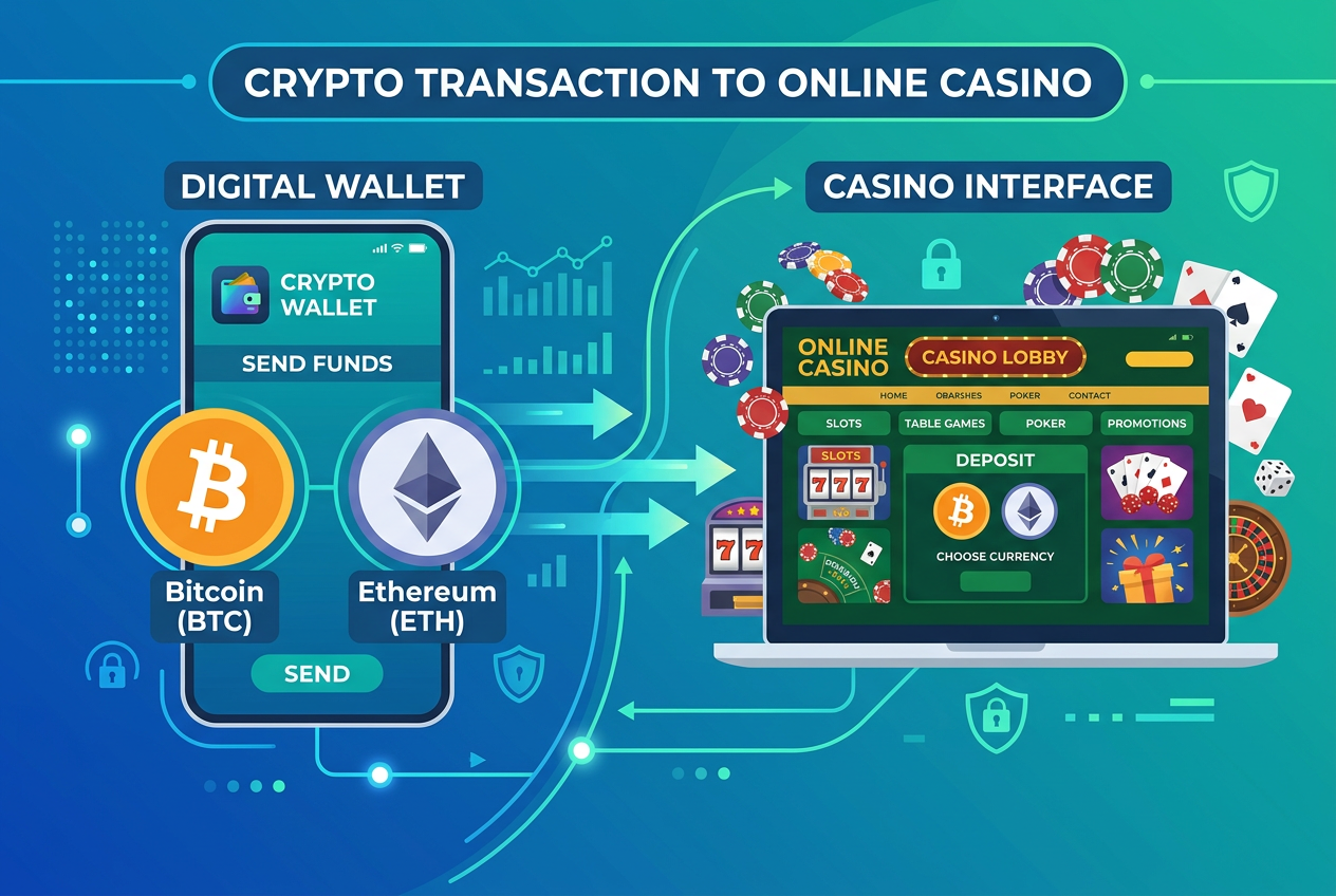Infografika przedstawiająca proces przesyłania kryptowalut z portfela do interfejsu kasyna