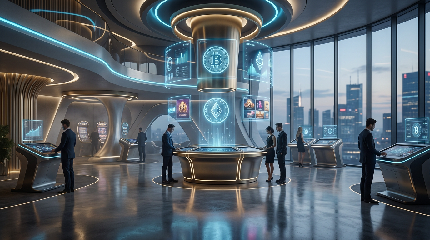 Futurystyczne wnętrze krypto kasyna z neonowymi symbolami kryptowalut