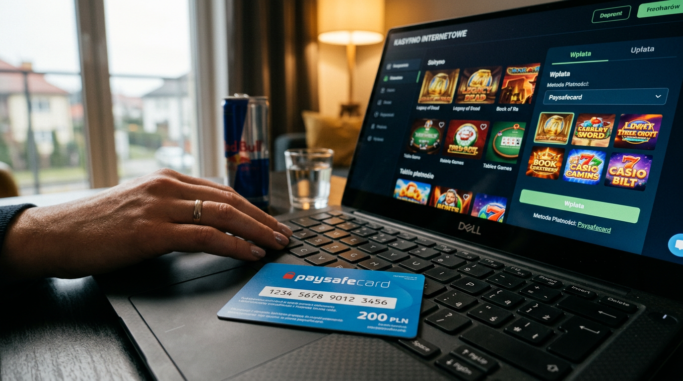 Karta przedpłacona Paysafecard na tle laptopa z otwartą stroną kasyna online