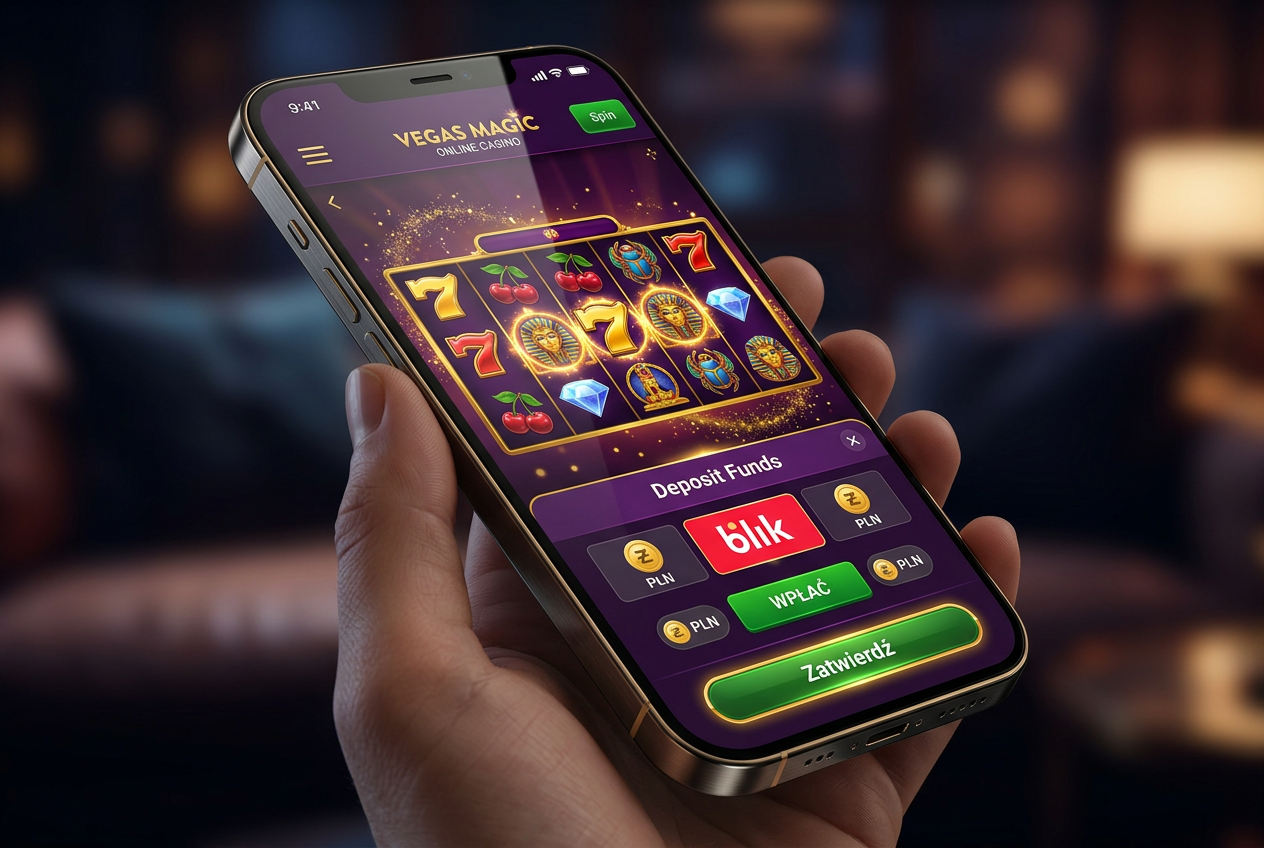 Modern smartphone displaying a casino app with BLIK payment icon and Polish currency symbols