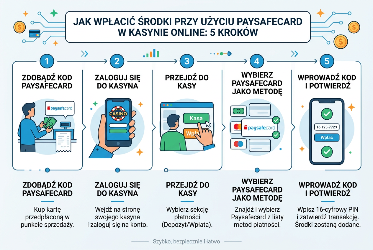 Przejrzysta infografika prezentująca 5 kroków wpłaty depozytu Paysafecard w kasynie online