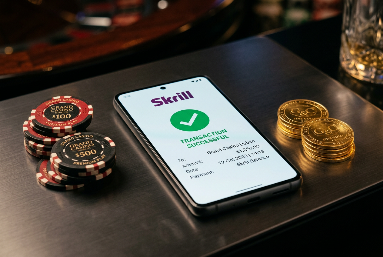 Smartfon z aplikacją Skrill obok złotych żetonów kasynowych na eleganckim tle